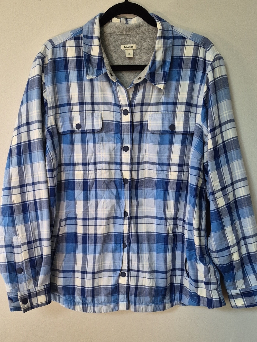 L.L. Bean Fleece Lined Flannel Shirt Womens 1X Plaid Snap Jacket Chore Coat